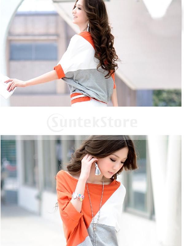 Women Boat Neck Dolman Sleeve Blouse Splice T shirt Top  