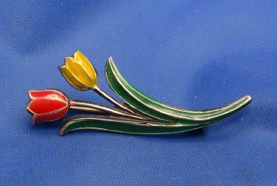 Vintage Silver & Enamel Tulip Flower Pin marked 835  