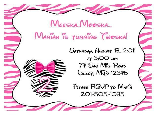 MINNIE MOUSE PINK AND BLACK ZEBRA BIRTHDAY PARTY INVITATION  