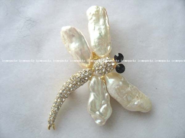   42mm big biwa white freshwater pearl yellow dragon fly brooch  