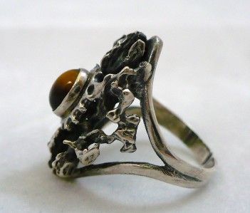 Tigers Eye Nugget Ring Size 8 1/4 Adjustable Vintage Sterling Silver 