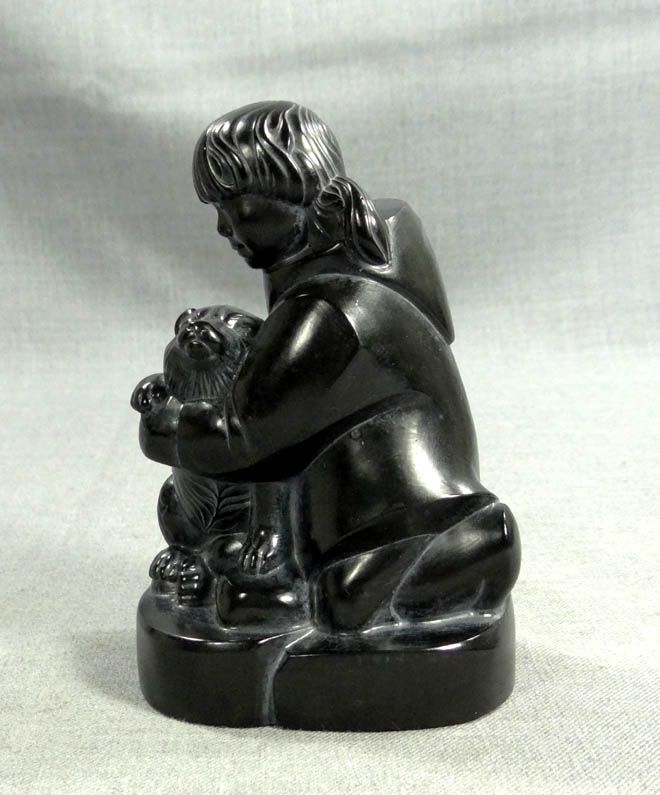 VINTAGE CANADIAN ESKIMO DOG INUIT GIRL CARVING SCULPTURE STATUE 