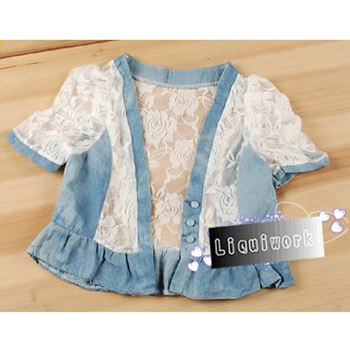 Cute Denim Blue White Lace Short Sleeve Bolero Shrug Jackets Blouses 