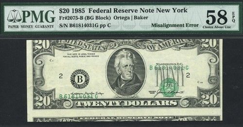 1985 $20 FRN ~ OVERPRINT MISALIGNMENT ERROR PMG 58 EPQ  