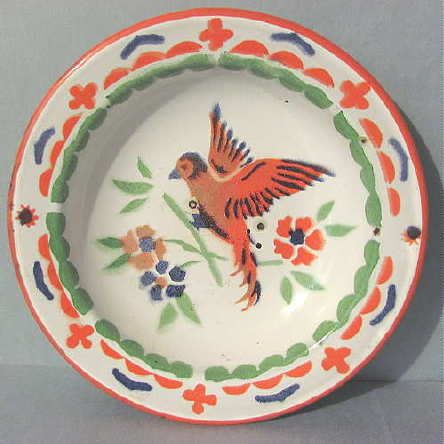   Colorful GRANITEWARE Enamelware Bowl Bird in Flight Flowers  