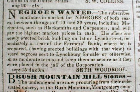 Rare 1853 Lynchburg VIRGINIA newspaper SLAVES WANTED AD  