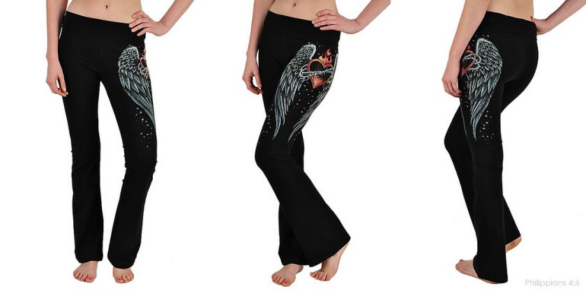 Burning Heart Wings Yoga Pants Rhinestone Fold Over Waist (High 