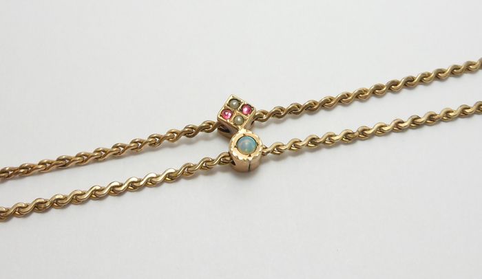 PRETTY VICTORIAN WATCH CHAIN SEED PEARL OPAL SLIDE $❶NR  