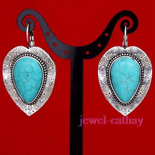 Tear Drop Turquoise & Tibet Silver Dangle Earrings  