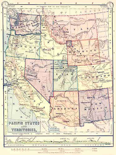 USA PACIFIC STATES + TERRITORIES Map. Barnes. 1885  