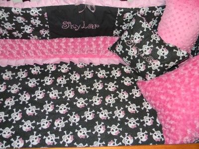 SKULLS Minky Dot & Pink & black crib bedding 7p blanket bumper crib 