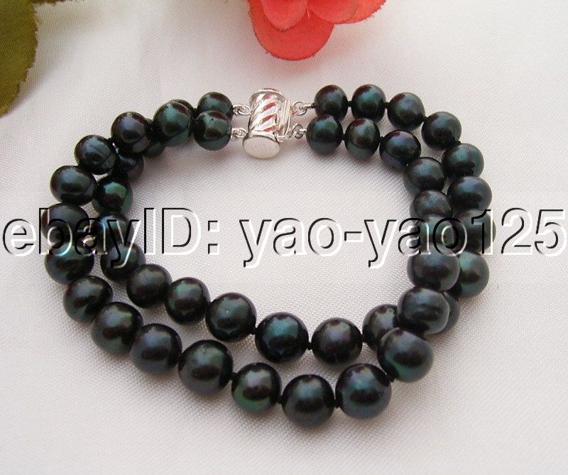 2Strds Black Pearl Bracelet 925 Silver Clasp  