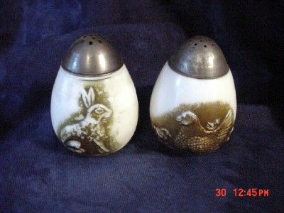 EAPG RABBIT HEN MILK GLASS SALT & PEPPER SHAKERS  