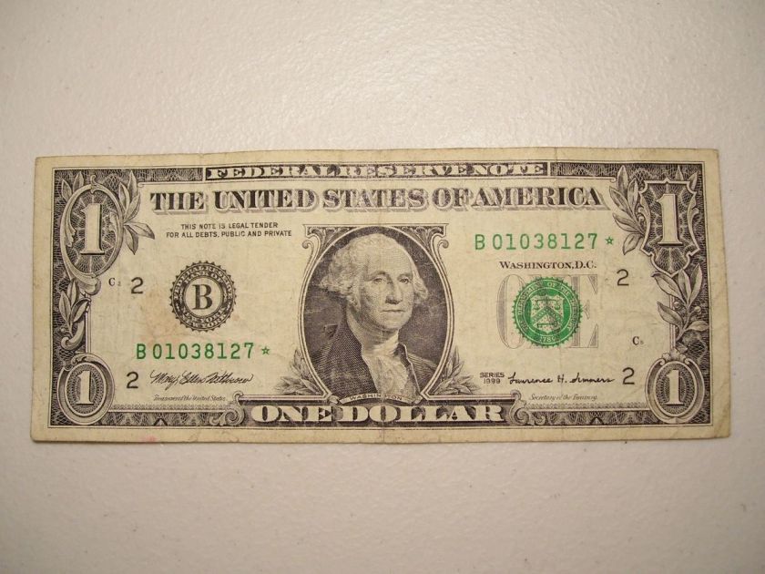 US 1999 ONE DOLLAR $1 FEDERAL RESERVE STAR NOTE NEW YORK NEW YORK 