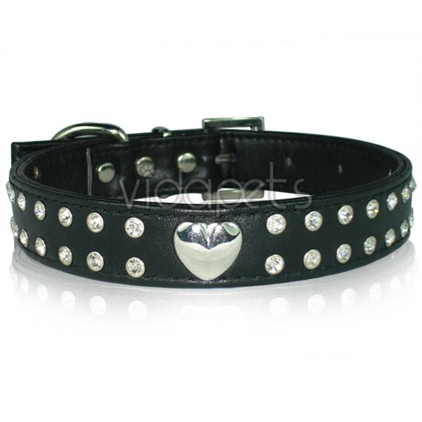 15 18 Black Leather 32 Rhinestone Dog Collar Medium  