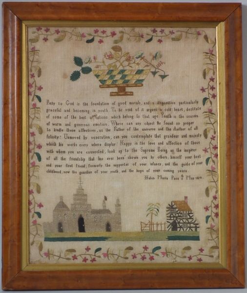 1824 Timber framed house Sampler by Helen Maria Pace  