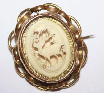   VICTORIAN GOLD PLATED PHOTO LOCKET SWIVEL PIN BROOCH CARVED OX BONE