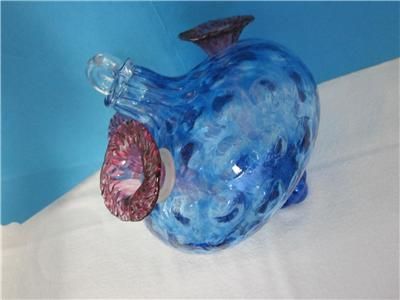   Bohemian Czech Blue Fuschia Glass HummingBird Nectar Water Feeder