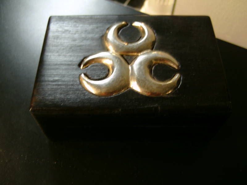 JEWELRY BOX   WOOD   HANDMADE WITH METAL DESIGN IN TOP  