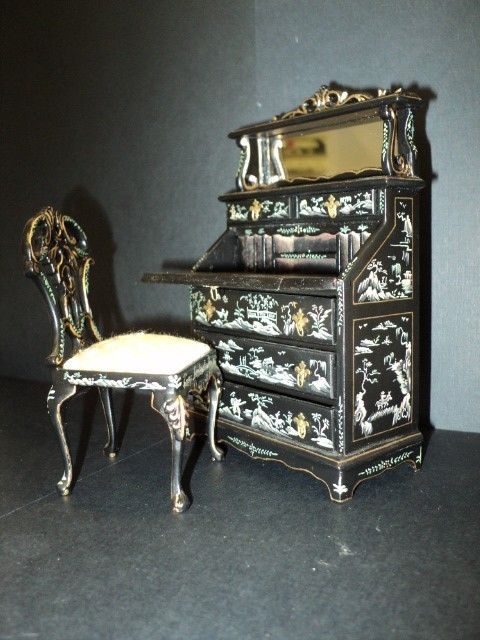 MINIATURE BESPAQ ORIENTAL SECRETARY DESK W/ CHAIR/ HAND PAINTED  