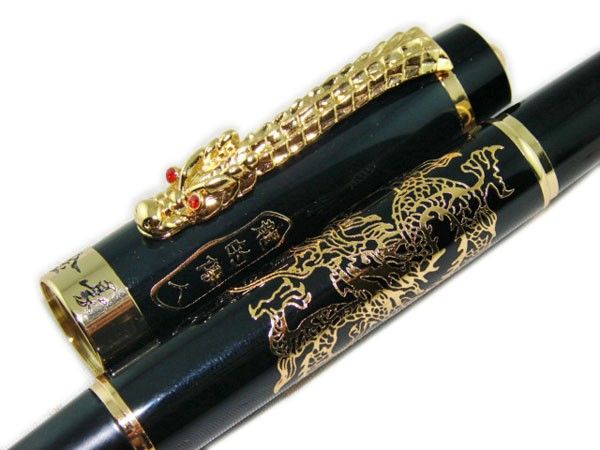 LJ41 JINHAO CHINESE DRAGONS OFFSPRING ROLLER PEN W/LEATHER PEN CASE 