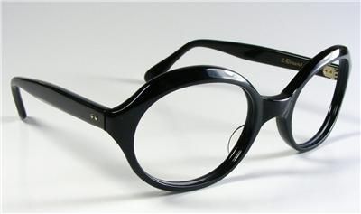   VTG JET BLACK ROUND FRANCE THICK PLASTIC WOMENS EYEGLASS FRAMES MEDIUM