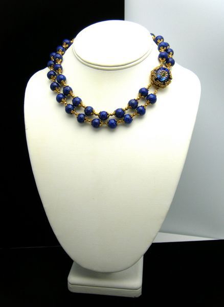 Fabulous Vintage Necklace Lapis Glass Bead Rivoli Clasp  