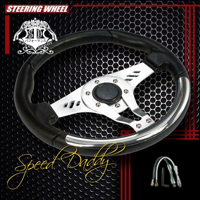   LEATHER ALUMINUM 32CM RACING STEERING WHEEL BLACK/CHROME DECOR  