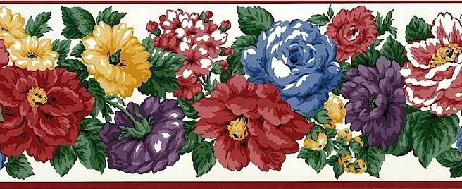 WALLPAPER BORDER WAVERLY PEONY LIKE FLOWERS GREEN LEAVES RED PURPLE 